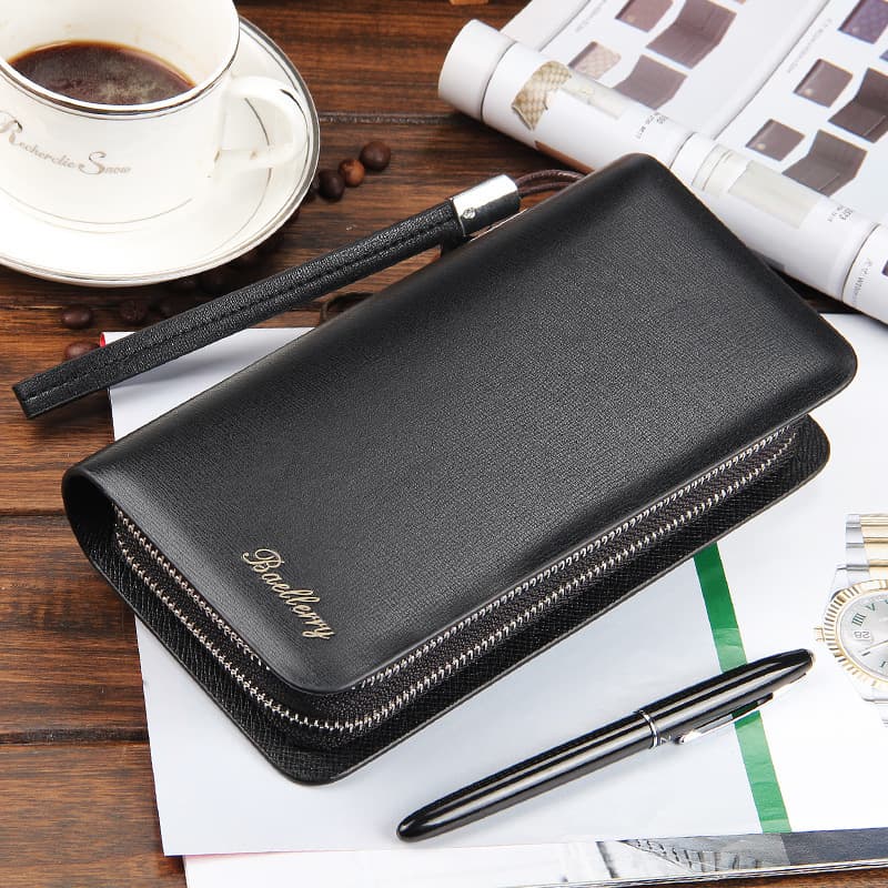 Casual Long Men's Wallet Handheld Bag Multi-Functional Double Zipper Mobile Phone Bag Leather Bifold Purse Fashionable Solid Color