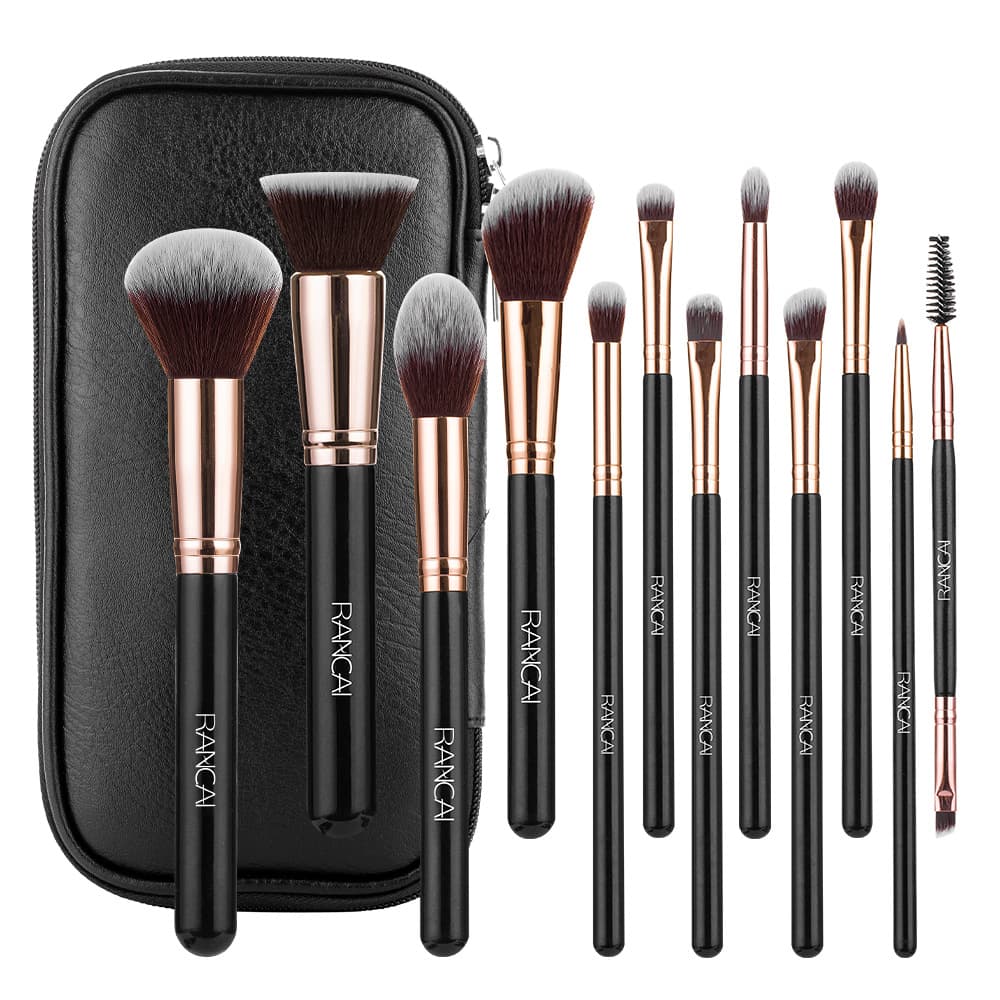 12-Piece Black PU Zipper Case Makeup Brush Set - Soft Powder, Foundation, and Eyeshadow Brushes