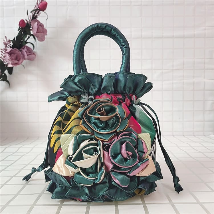 Women's Lace Flower Bucket Drawstring Cloth Handbag Evening Dress Handmade Hanfu Bag Ethnic Style Mobile Phone Bag
