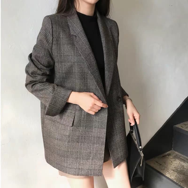 Checked Blazer Jacket Women Korean Loose Fit 2024 Spring Autumn New Student Retro Trendy Small Suit Korean Top