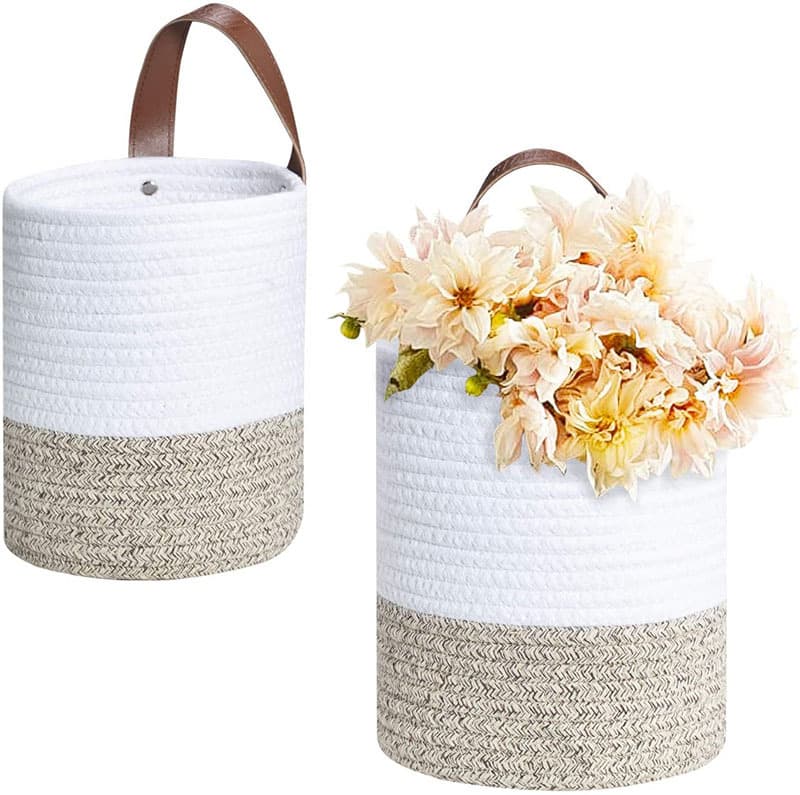 Cotton Rope Hanging Basket Wall Basket with Leather Handle, Storage Bucket Cotton Rope Handle Organizer Plant Basket