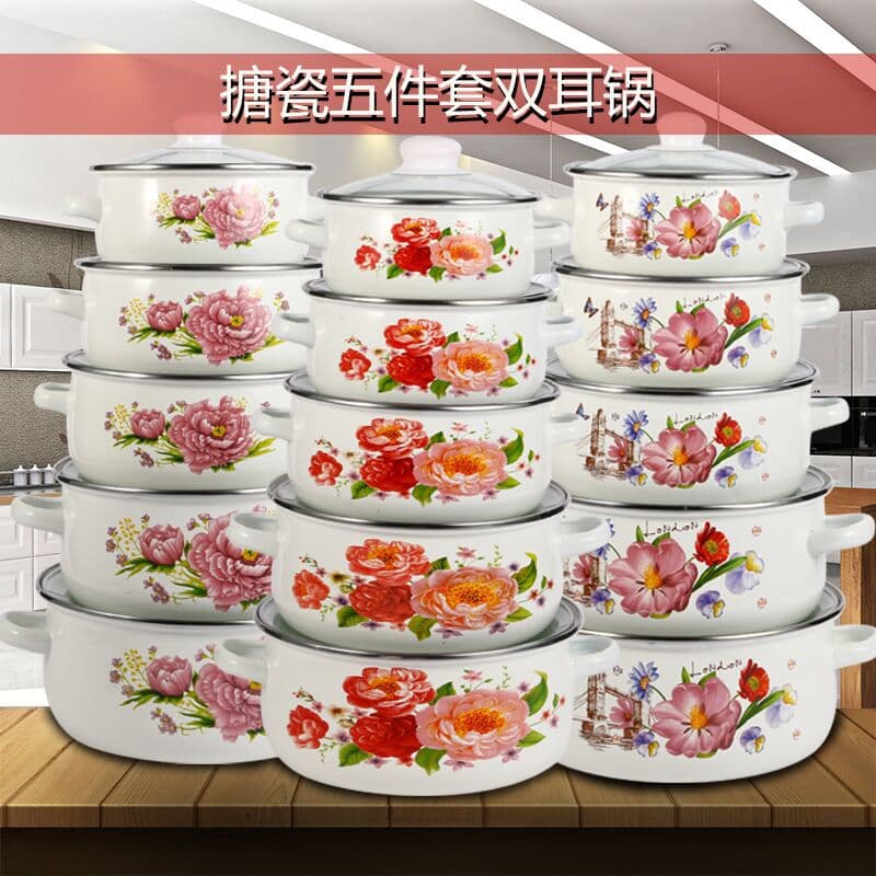 Five-piece enamelware cookware set with glass lid, a hot-selling export item. Suitable for home and kitchen use, 16-24CM. (673DG)
