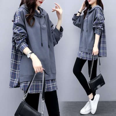 6535 Cotton Fake Two-Piece Sweatshirt for Women Trendy Hooded 2025 Autumn Korean Style Loose Plus Size Women's Clothing New Mom's Wear