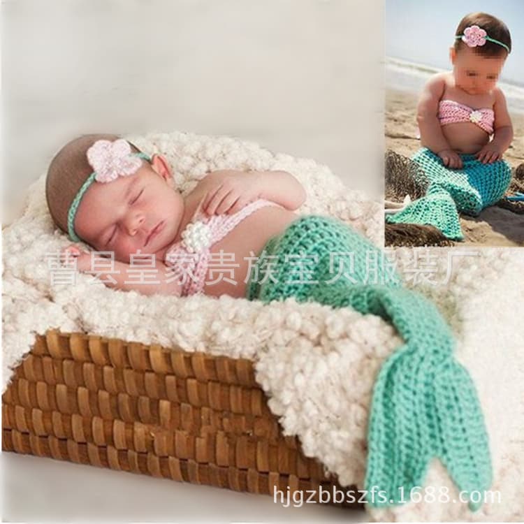 Newborn Baby 100 Days Photography Costume Hand-Knitted Pearl Mermaid Set Wholesale Direct Sales