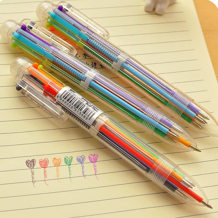P-0115 Plastic Push-button Oil Pen Gift Pen 6-color Colored Ballpoint Pens Office Pens Stationery Items