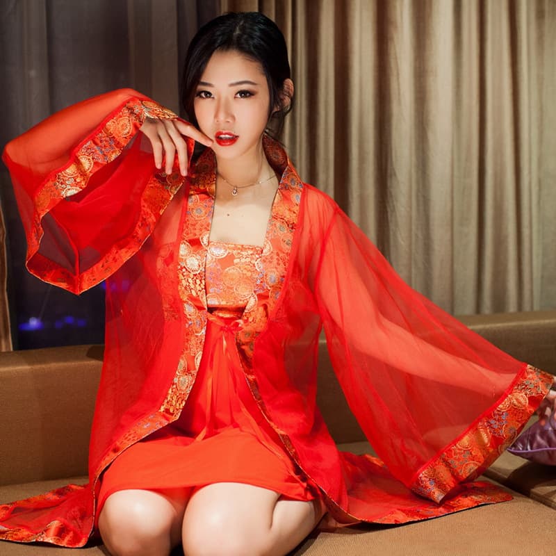Fan Lei Transparent Strapless Satin Bridal Sleepwear Seductive Long Sleeve Robe Set Lingerie Bathrobe 402