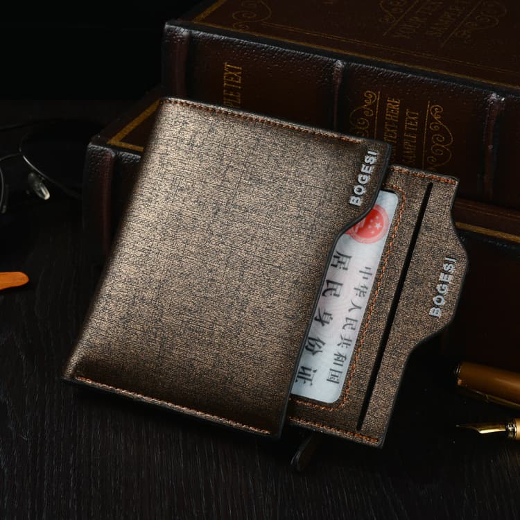 Short Men's Wallet in Gold Color with Zipper Card Holder for Driving License And Coin Pocket PU Leather Plain Pattern