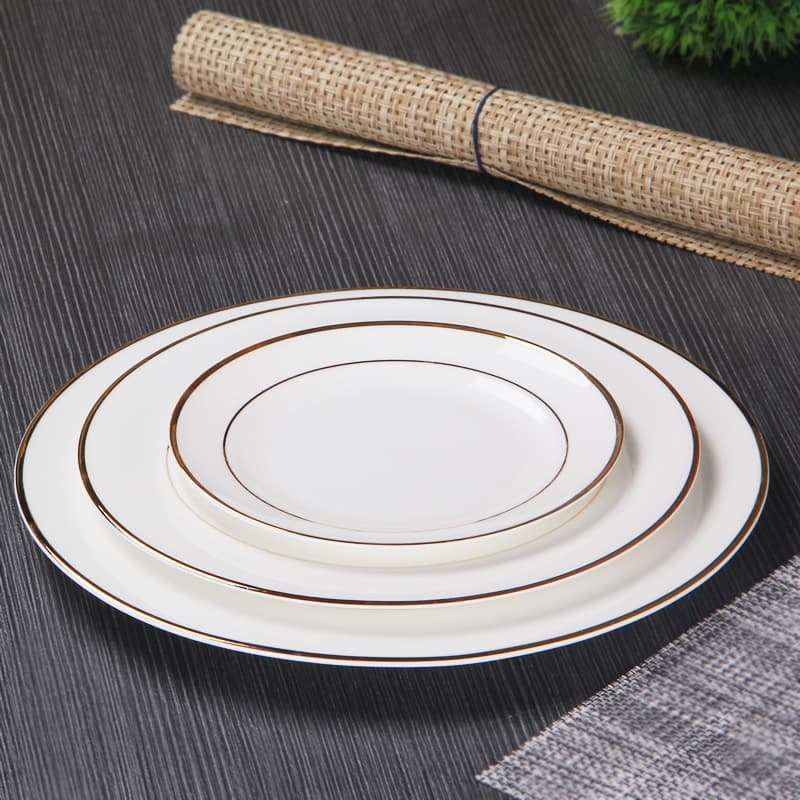 Gold-rimmed Bone China Plate 6/8/10 inch Hotel Display Ceramic Dish, Home Western Food Cold Dish Plate, Custom LOGO Available
