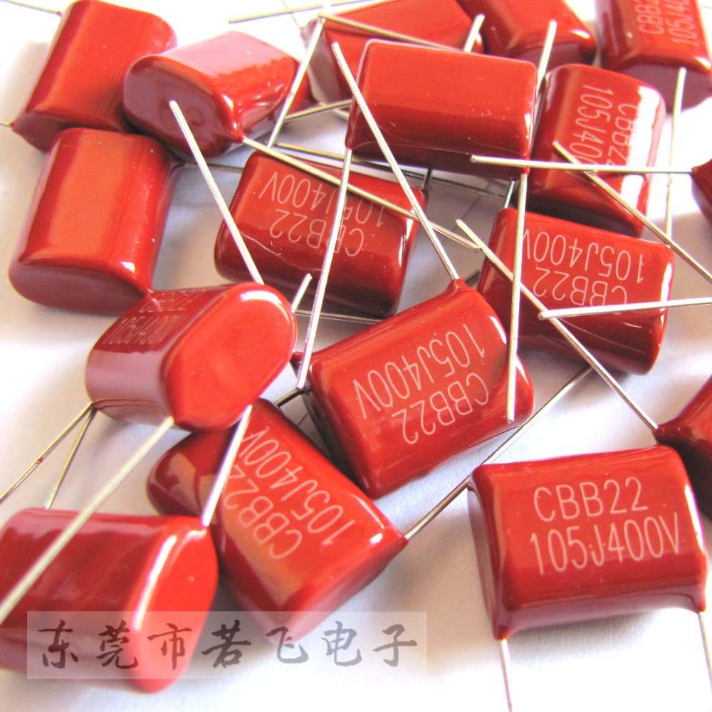 Factory direct stock of CBB22 105J 400V film capacitors, 1uF, 400V, 105J, lead spacing 15, 20 mm.
