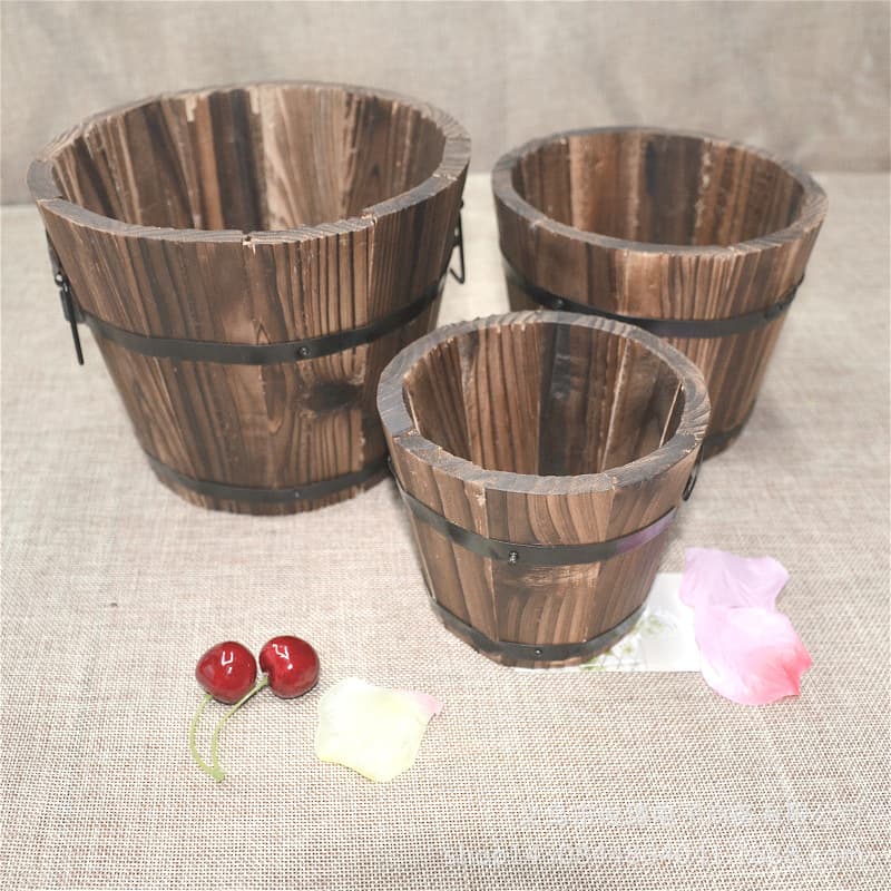 Solid Wood Carbonized Wood Succulent Pot Balcony Vegetable Anticorrosive Wooden Flower Pot Home Decoration Vintage Wooden Small Barrel