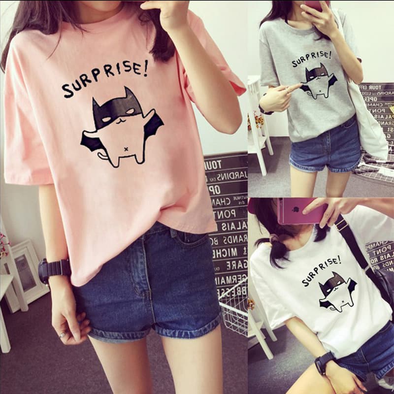 Summer Ladies Short Sleeve T-shirt Base Shirt Loose Student Women Clothing Printed Grey Pink White Comfortable Casual Style