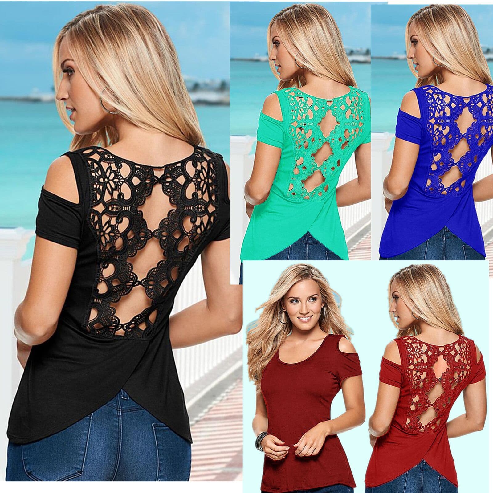 2019 summer new European and American back lace stitching solid color cotton top versatile T-shirt 9922