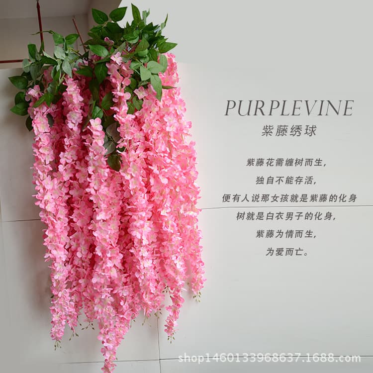 Simulated wisteria flower, fake flower, silk flower, violet color printing, ceiling flower vine, wedding decoration, rattan flower string, vine pink