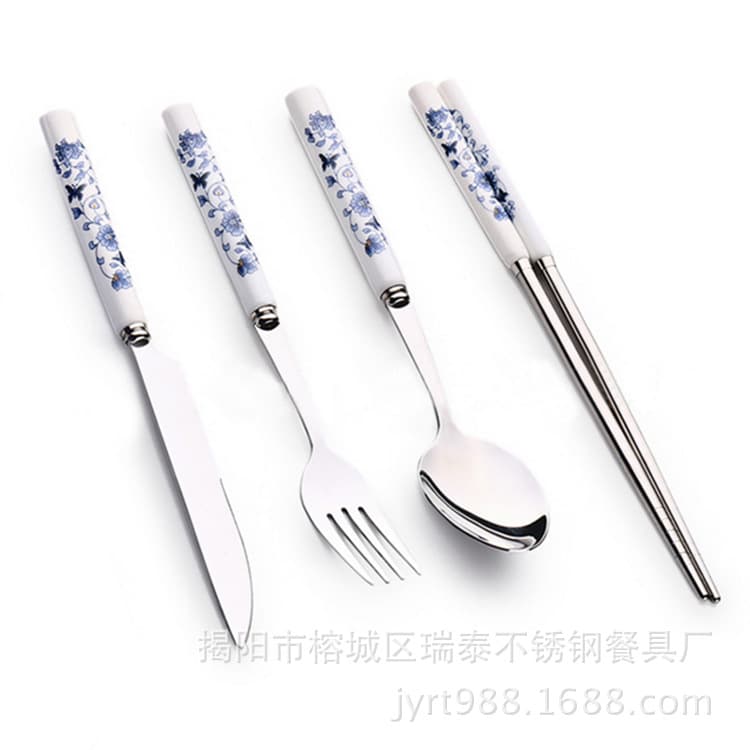Wholesale Blue and White Porcelain Dinnerware Set Gift Ceramic Tableware Stainless Steel Cutlery 4-Piece Set Knife Fork Spoon Chopsticks