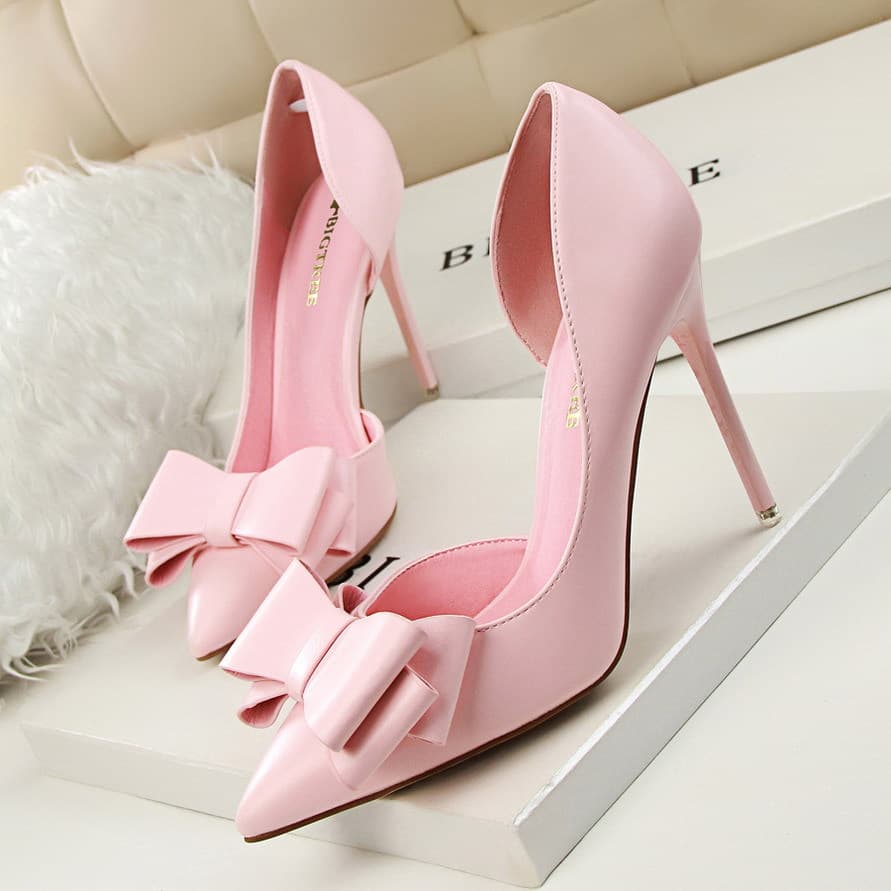 Korean Style Sweet Butterfly Knot High Heels Side Hollow Out Thin Heel Pointed Toe Low Cut Single Shoes Fashionable And Elegant