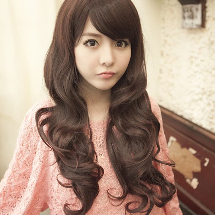 Wig with oblique bangs, long curly hair, Korean quality high temperature wire, whole wig, professional wig manufacturer wholesale