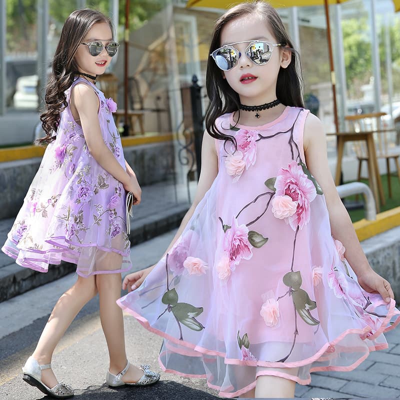 Girls Chiffon Dress 2026 New Summer Floral Print Fashionable Toddler Kids Beach Dress Vest Long Dress Trendy