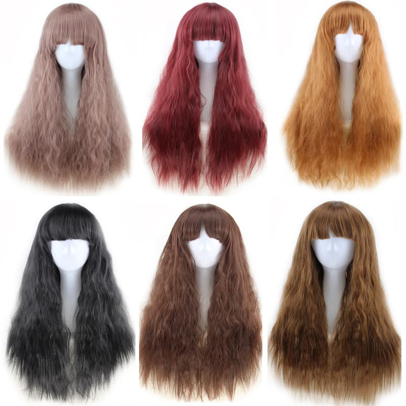 New Multicolor Wig for Export, Blunt Bangs Long Fluffy Corn Curl Long Curly Hair, Water Wave Factory Wholesale