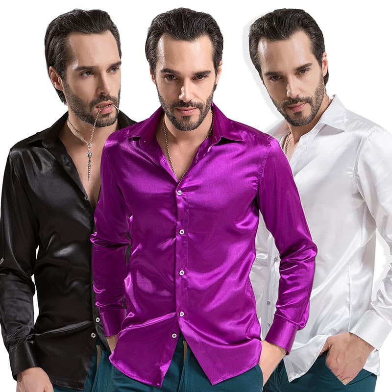 Men's Performance Shirt Imitation Silk Slim Fit Mercerized Long Sleeve Shirt White Stage Costume Banquet Shirt