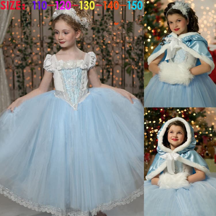Frozen-themed Cinderella dress for girls, with a fluffy shawl, available in two colors. Drop shipping available.