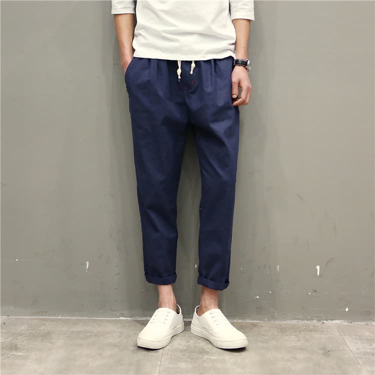 Japanese Retro Solid Color Plus Size Drawstring Cropped Pants Trendy Men's Linen 9/10 Length Casual Cotton-Linen Tapered Pants
