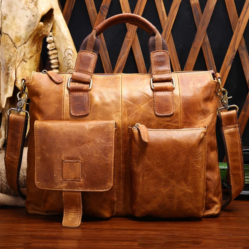 Large Capacity Diagonal Men's Leather Handbag Vintage Crazy Horse Leather Handbag Business Fashion Men's Briefcase Handbag