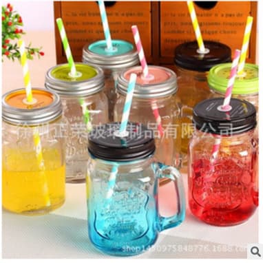 Mason Jar Drinking Glass with Handle, Transparent Glass Cup, Summer Lemon Cup with Light