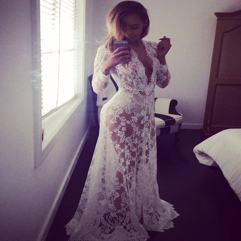 Cross-border Women's White Deep V-Neck Long Sleeve Dress Sheer Sexy Lace Wedding Gown with Train