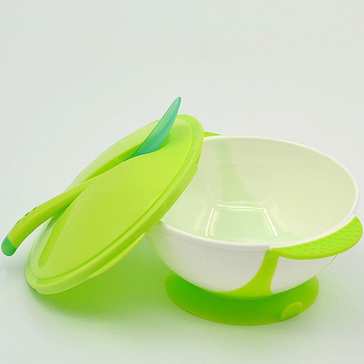 Kids Training Bowl with Transparent Lid, Temperature-Sensing Spoon, Suction Base, Reversible Non-Spill Strong Suction Leak-Proof