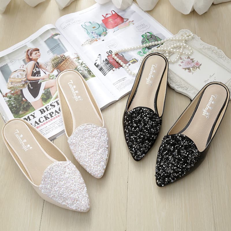 A1-9 Women's Closed-Toe Half Slippers, Pointed-Toe Rhinestone Roman Flat Sandals, Low-Heel Beaded Sandals