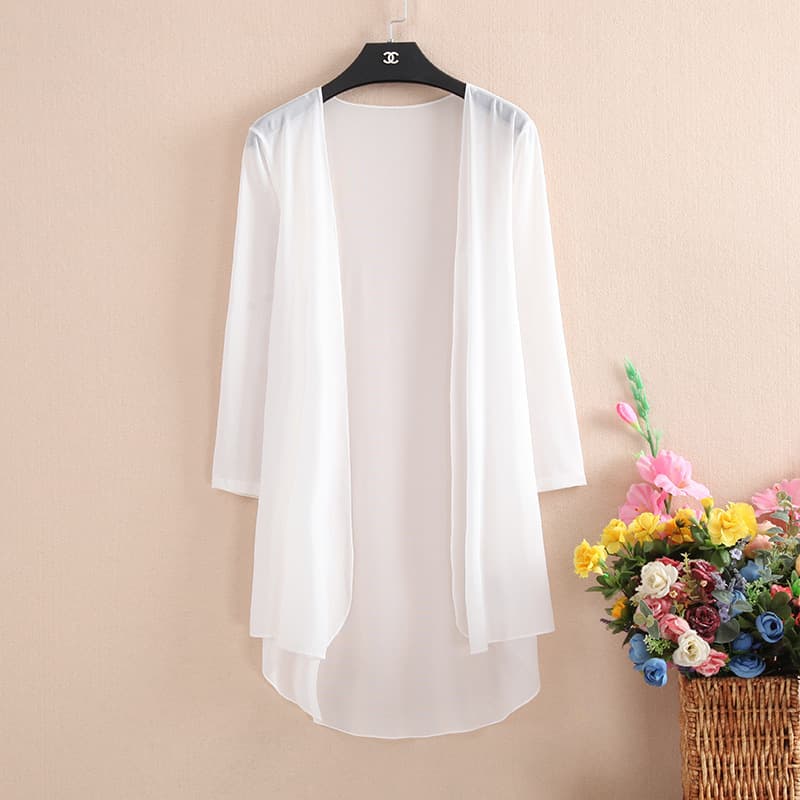 Summer Women's Sun Protection Clothing Ultra-Thin Transparent Mesh Cardigan Air-Conditioning Shirt Large Size Three-Quarter Sleeve Mid-Length Shawl Jacket