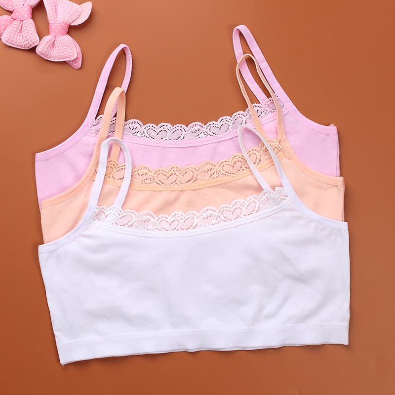 Children's Tube Top Development Lace Trim Solid Color Bra Underwear Vest, Breathable Half Body Wrap for Students, Cotton Straps