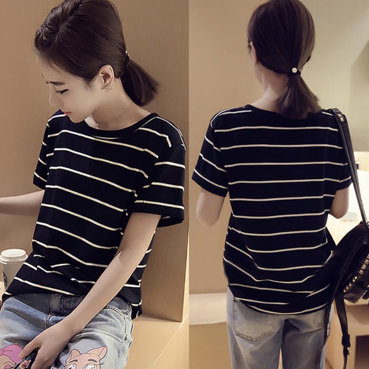 2025 Summer New Korean Style Loose Plus Size Striped Short Sleeve T-Shirt Women's Top Base Shirt Ladies Wholesale Women's Clothing