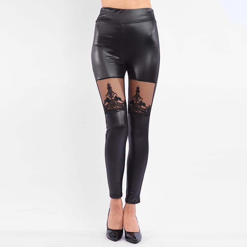 New Cross-Border Sexy Leather Pants Autumn Black Women's Punk Style Lace Embroidered Leather Pants Patchwork Cropped Pants