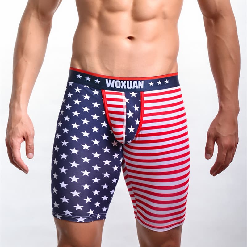 New Men's Sleepwear Trendy Youth Slim Fit Flag Bathrobe European and American Fitness Mid-Length Sleep Pants Tight Underwear Men