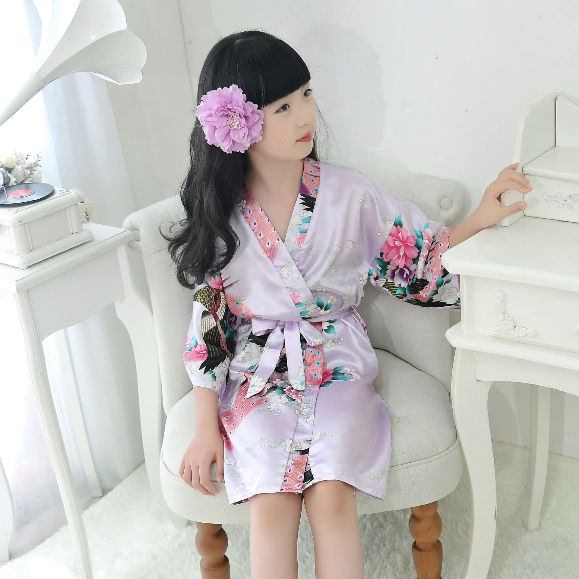 Cross-Border Foreign Trade Silk Children Peacock Kimono Robe Nightgown Pajamas Amazon Bathrobe Baby Girl Home Robe