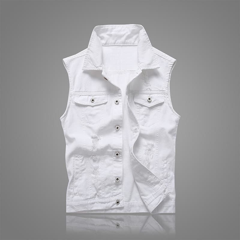 White Denim Vest Men's Casual Fashion Slim Fit Korean Style Leisure Trendy Shoulder Pad Casual Cotton Vest Summer Youth