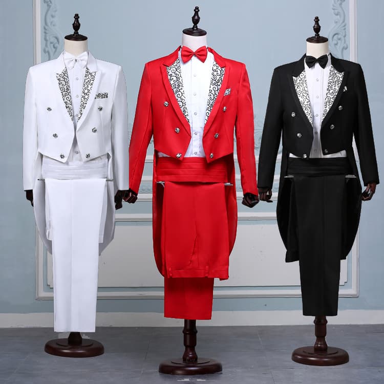 Men's Tuxedo Set, Performance Suit, Magician, Stage Performance Conductor Suit, Bel Canto Singer, Black, White, and Red