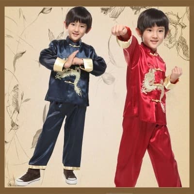 Drop Shipping Spring Autumn Children's Clothing Boys Tang Suit Long Sleeve Jacket Kung Fu Set Performance Costume Small Big Dragon Red