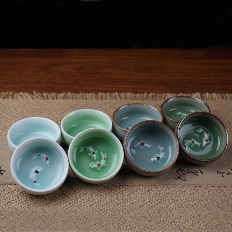 Wholesale Longquan Celadon Tea Set Double Fish Kung Fu Tea Cup, Small Fish Cup