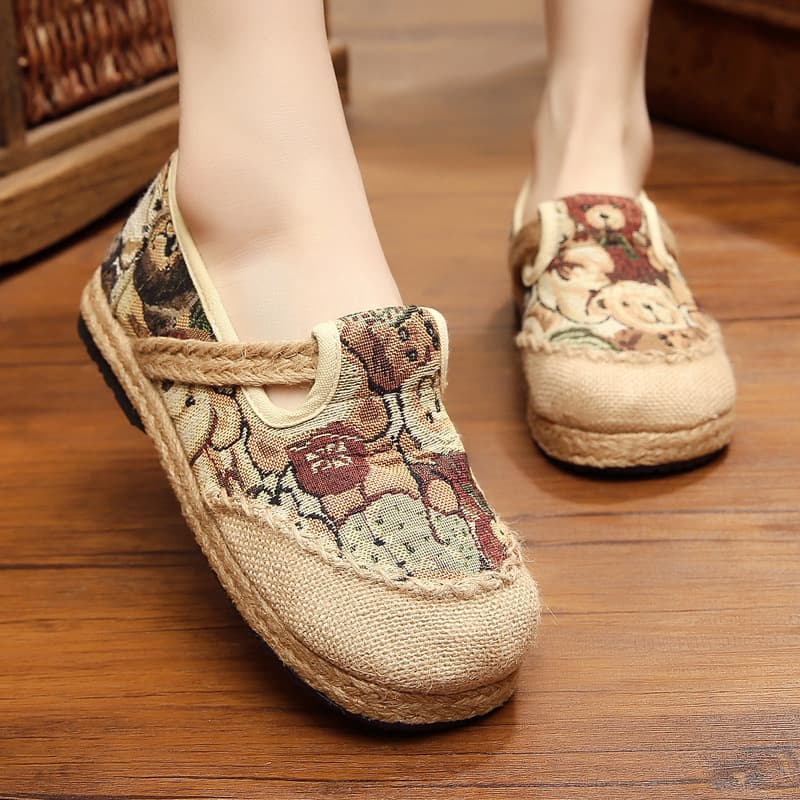 New Old Beijing Cloth Shoes Student Ethnic Style Single-layer Shoes Women's Breathable Flat Cartoon Round Toe Retro Flat Lazy Shoes