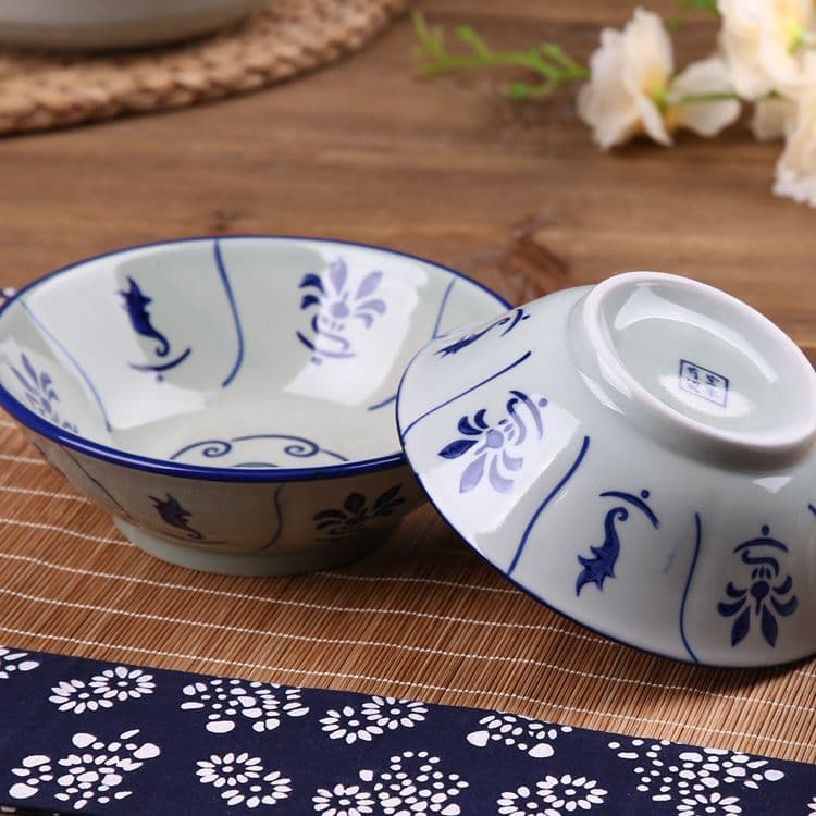 Noodle Bowl Vintage Noodle Bowl Soup Bowl Blue and White Sunflower Pattern Bowl Thickened Durable Antique Ceramic Tableware Colorful Bowl