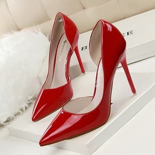 638-5 Korean Style Fashion Minimalist Slim Heel High Heel Patent Leather Pointed Toe Hollow Sexy Slimming High Heel Slip-On Shoes