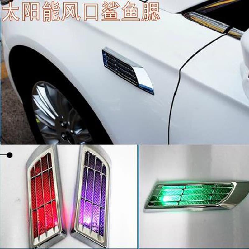 Car Hood Fake Air Intake Vent Solar Warning Light Decorative LED Light Modification Side Vent Shark Gill