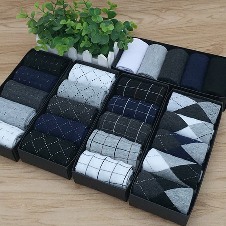 Men's Solid Color Cotton Socks 5-Pair Box Set Spring Autumn Winter Business Casual Mid-Calf Socks Box Set