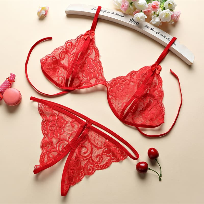 Wholesale Sexy Lace Bra Set with Small Bow, Open Crotch Panties, Women's Three-Point C06 Bra, Unique Special Purpose Clothing
