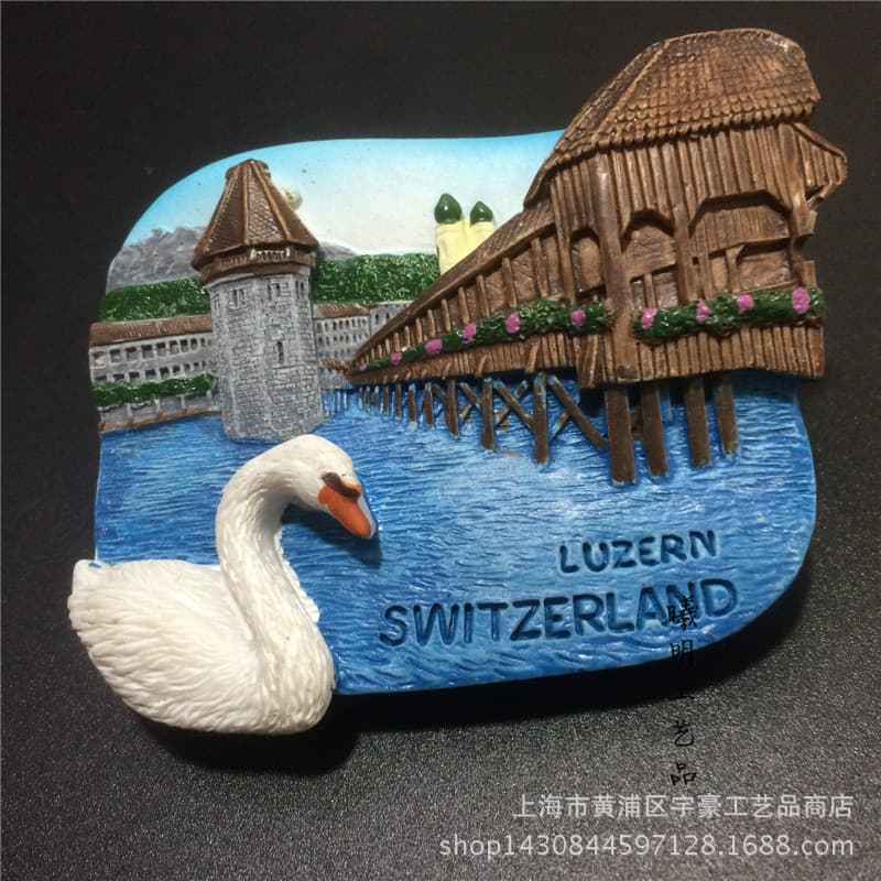 Switzerland Lucerne Landmark Chapel Bridge and Swan Lake Souvenir Fridge Magnet for Travel