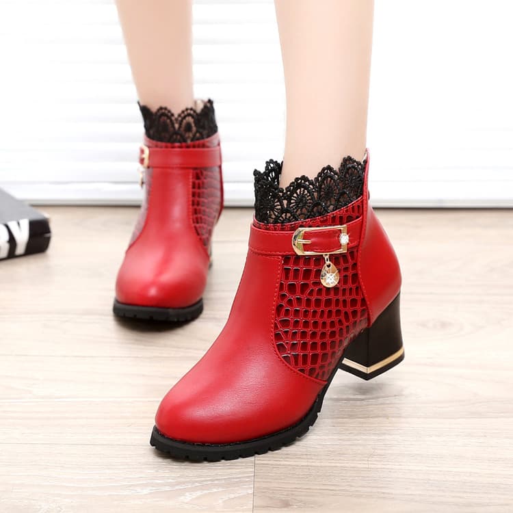2016 Fall/Winter New European American Martin Boots High Heel Women's Short Boots Chunky Heel Ankle Boots Sexy Lace Round Toe Women's Shoes