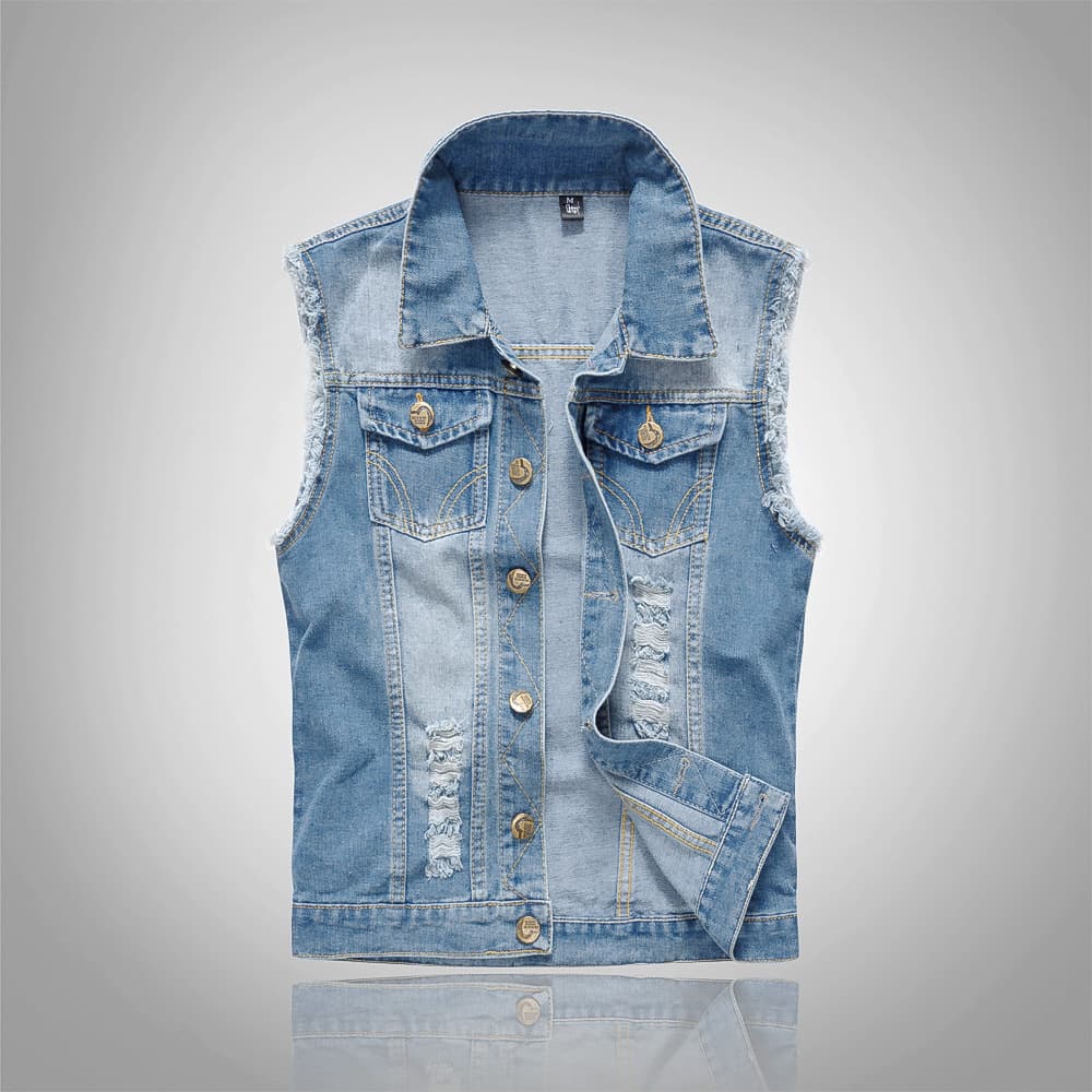 New Large Size Korean Slim Fit Trendy Men's Denim Vest Light Blue Vest with Holes