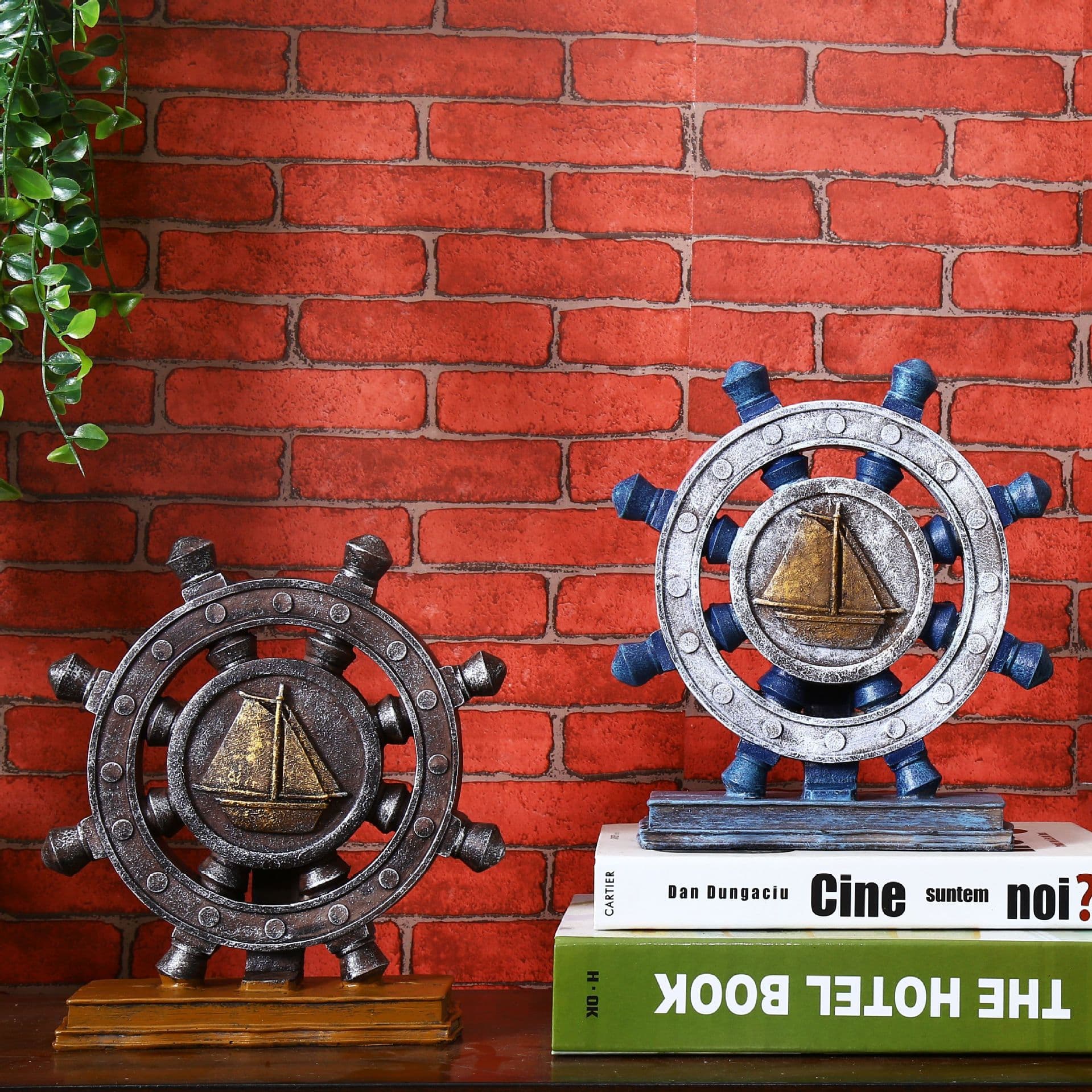 Mediterranean Retro Ocean Sailboat Ship Wheel Compass Display Prop Home Dining Room Bar Decoration Ornament